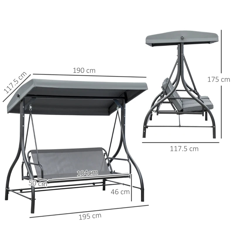 Dark Grey 3 Seater Canopy Swing Chair with Adjustable Canopy