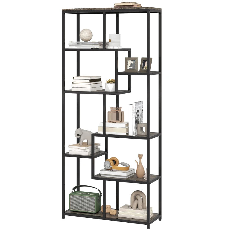 Unique Seven-Tier Geometric Bookcase in Grey and Black - Modern Storage Solution for Home or Office Decor
