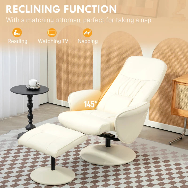 Cream White Swivel Recliner Chair with Footstool - PU Leather Armchair and Ottoman for Living Room