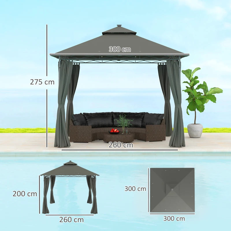 3 x 3 m Dark Grey Garden Gazebo with Double Roof, Curtains & Solar-Powered LED Lights - Outdoor Canopy Shelter for Patio & Deck