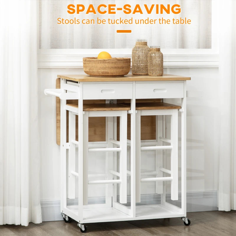 Bamboo Kitchen Island Set with 2 Stools, Rolling Breakfast Cart, Drop Leaf Top, Drawers & Towel Rack - White