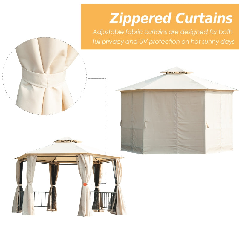 Beige 3m x 3m Hexagonal Gazebo With Curtains