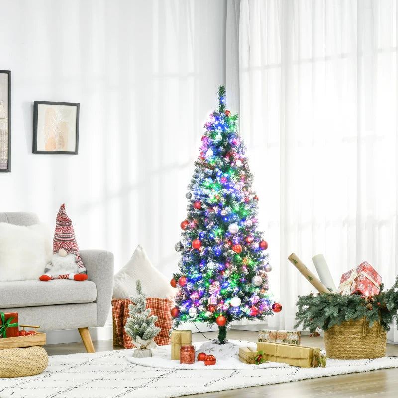 5FT Prelit Slim Pencil Christmas Tree - 250 Colorful LED Lights, Realistic Branches, 408 Tips - Green Holiday Decoration