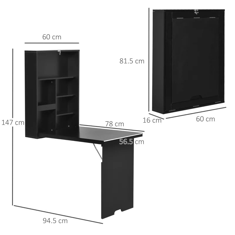 Folding Wall-Mounted Drop-Leaf Table with Chalkboard & Storage Shelf - Multifunctional Floating Desk for Home Office - Black