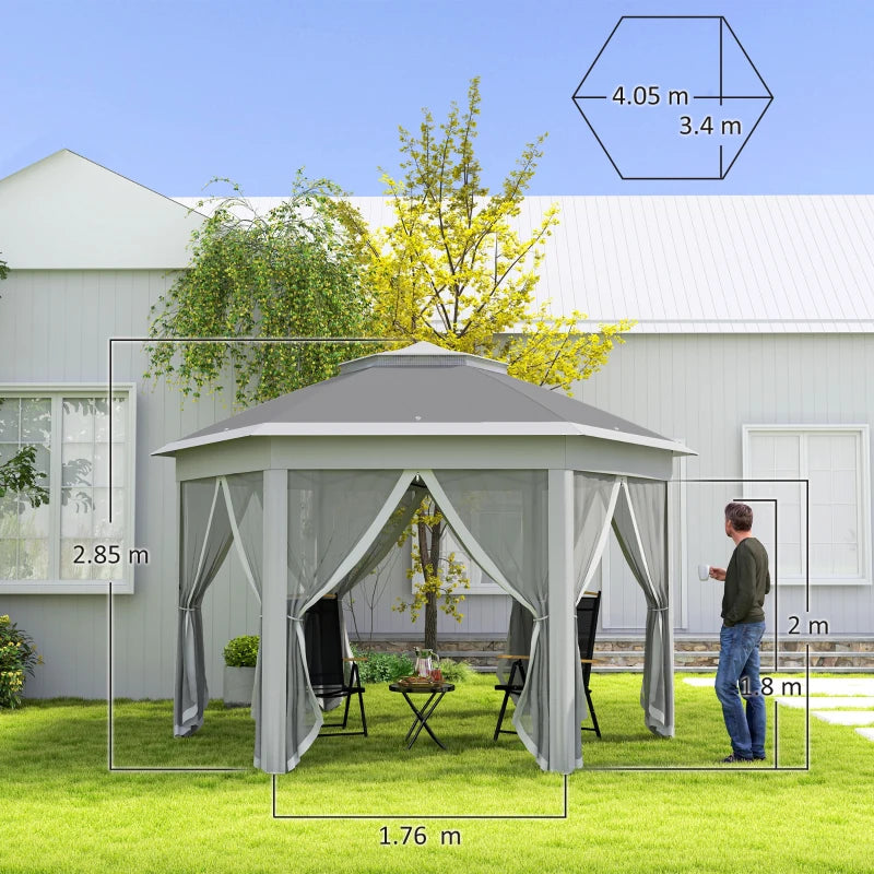 3x4m Dark Grey Hexagon Garden Gazebo - Pop Up Party Tent Canopy with Double Roof, Netting & Carry Bag for Outdoor Patio