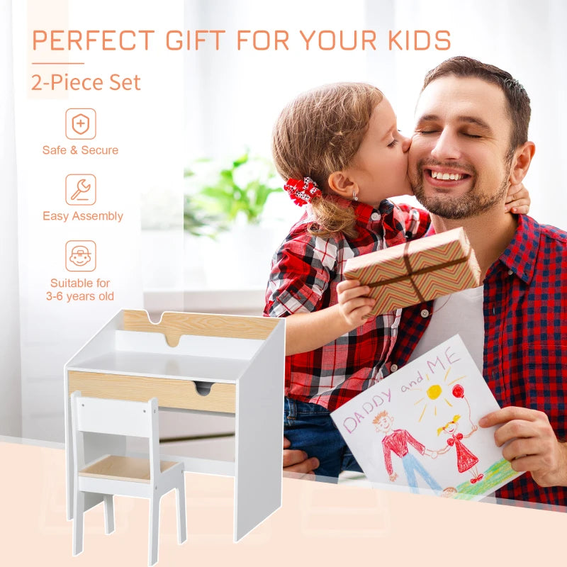 Kids Desk and Chair Set - 2-Piece Study Table with Storage Drawer & Bookshelf for Ages 3-6 - Ideal for Writing & Drawing