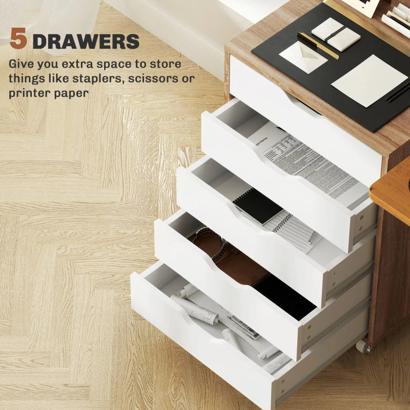 Vinsetto Oak Brown Five-Drawer Filing Cabinet on Wheels - Stylish Storage Solution for Home Office & Workspace