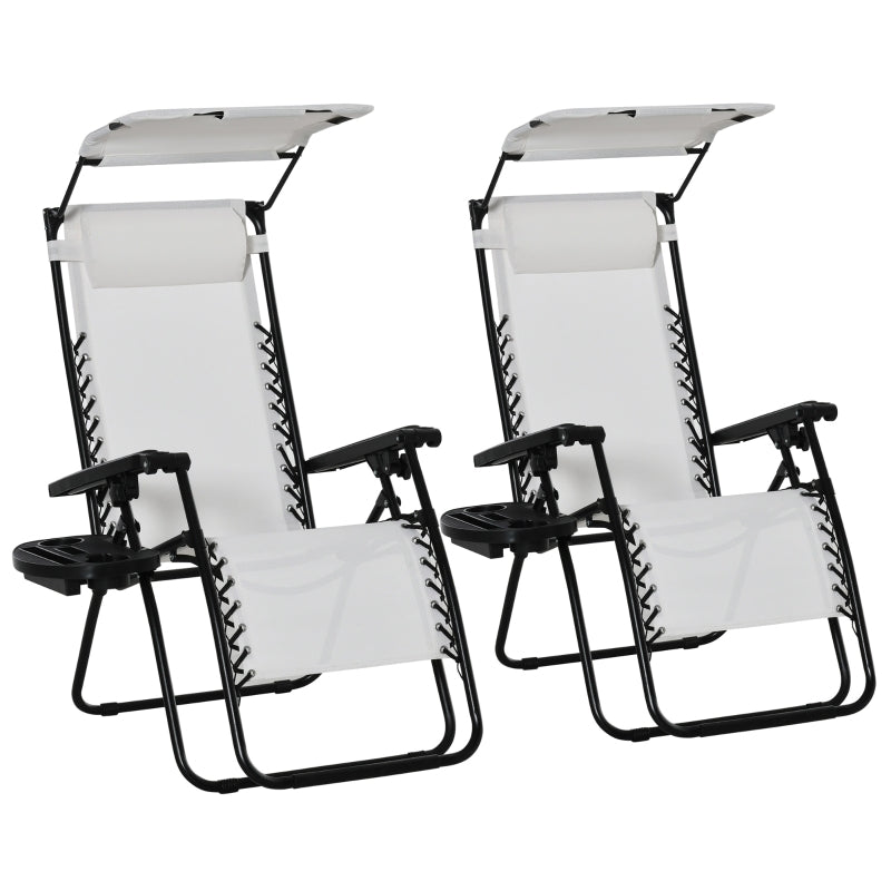 2 Piece Foldable Reclining Garden Chair Set - White Zero Gravity Deck Sun Lounger with Headrest, Footrest, Armrest, Cup Holder & Canopy Shade
