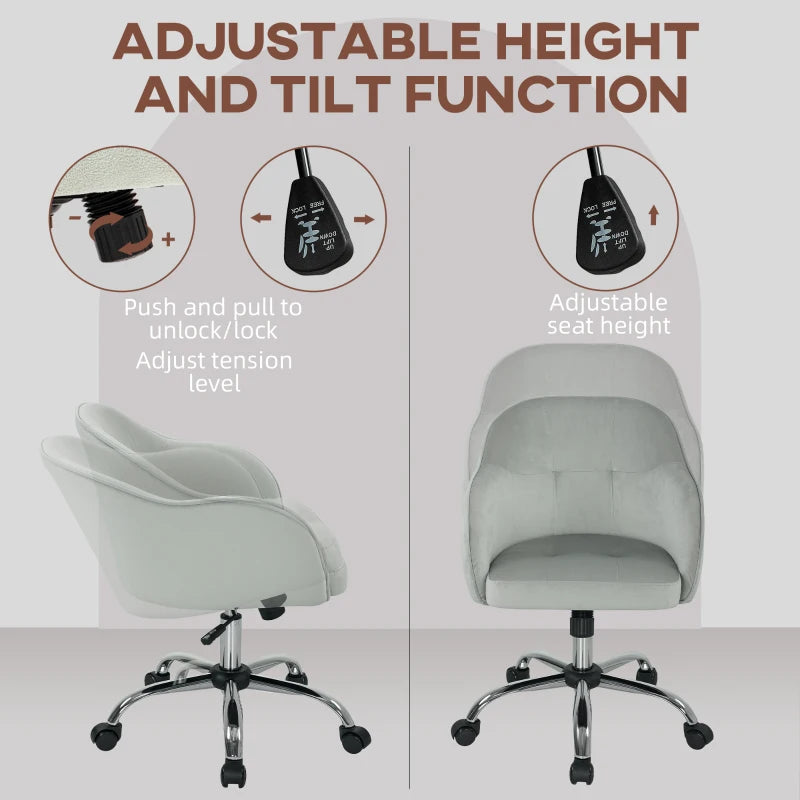 Stylish Grey Velvet-Feel Office Chair 46-56 cm Adjustable Height - Ergonomic Design for Comfort and Support