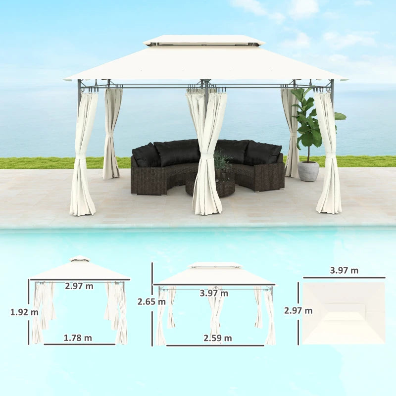 3 x 4m Cream White Metal Frame Two-Tier Roof Gazebo