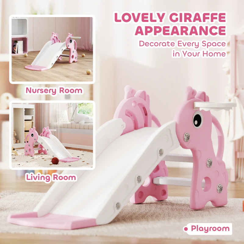 Giraffe Shape 3 in 1 Kids Slide Climber with Basketball Hoop for Indoor Play Age 1-3 Pink