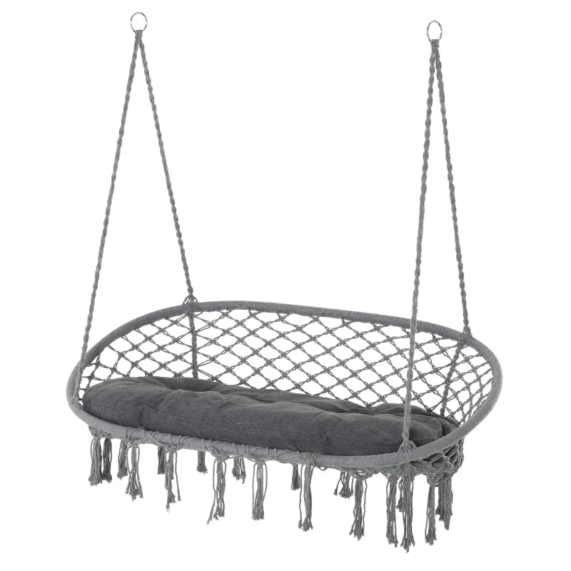 Dark Grey 2-Seater Macrame Hanging Hammock Chair with Soft Cushion
