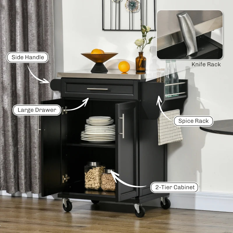 Wooden Kitchen Island on Wheels - Black Serving Cart with Stainless Steel Top, Drawer, Side Handle & Storage Rack
