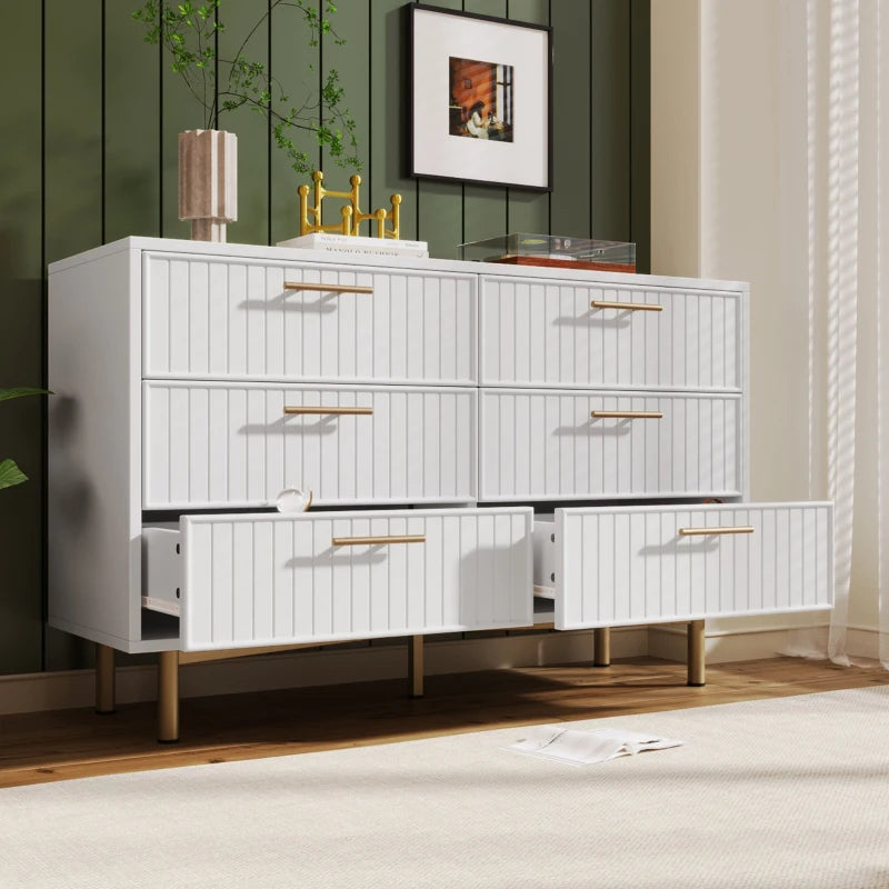 Modern White Sideboard Cabinet for Living Room - 6-Drawer Chest with Metal Base & Decorative Handles, 120x40x75.5 cm