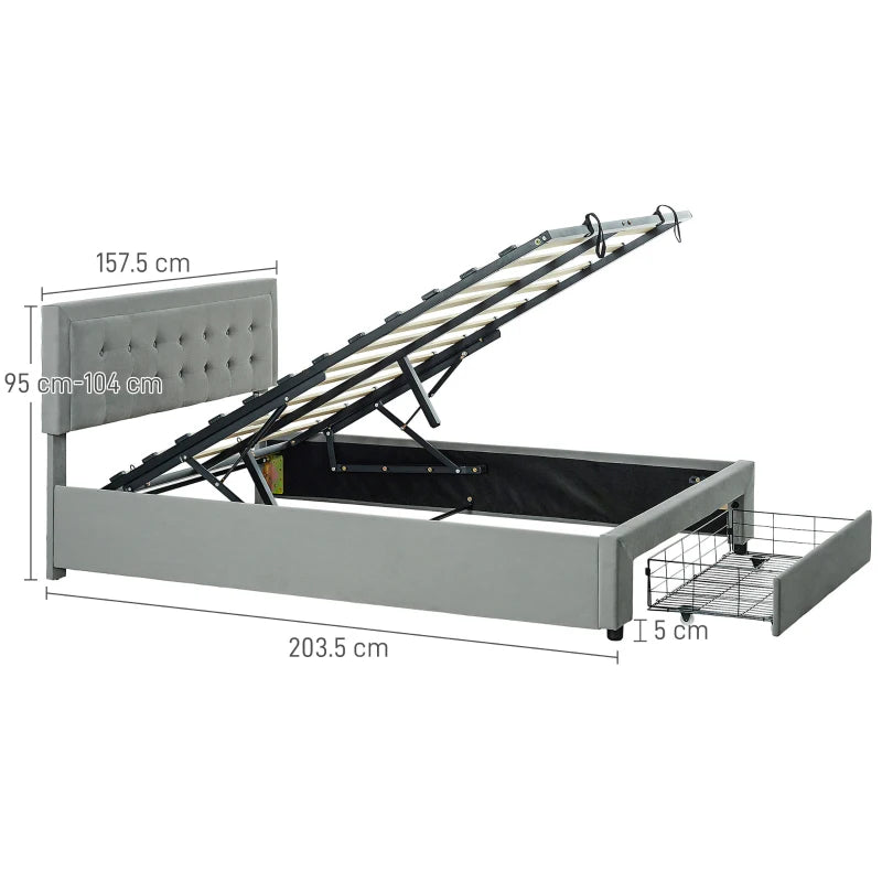 Double Size Ottoman Bed Frame with Front Drawer Stylish Grey Design 140x193.5x95cm