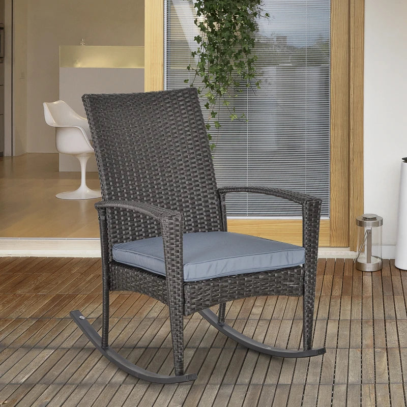Grey Rattan Garden Rocking Chair Set with Armrest and Cushion