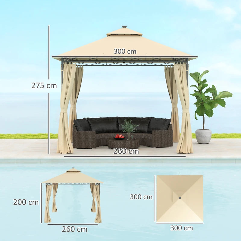 3m x 3m Beige Garden Gazebo with Double Roof, Metal Frame, Curtains & Solar-Powered LED Lights - Outdoor Canopy Shelter for Patio & Decking