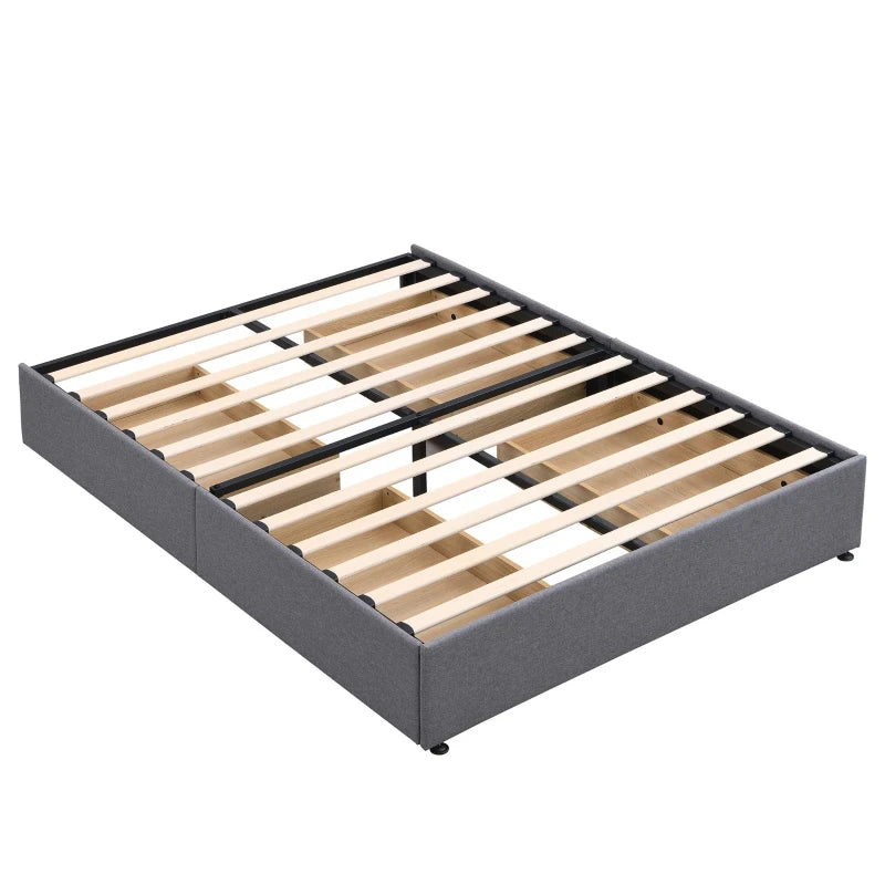 Upholstered Storage Bed with 4 Drawers - Double Bed with Iron Frame & Wooden Slats, Grey, 193.5 x 141 x 30 cm