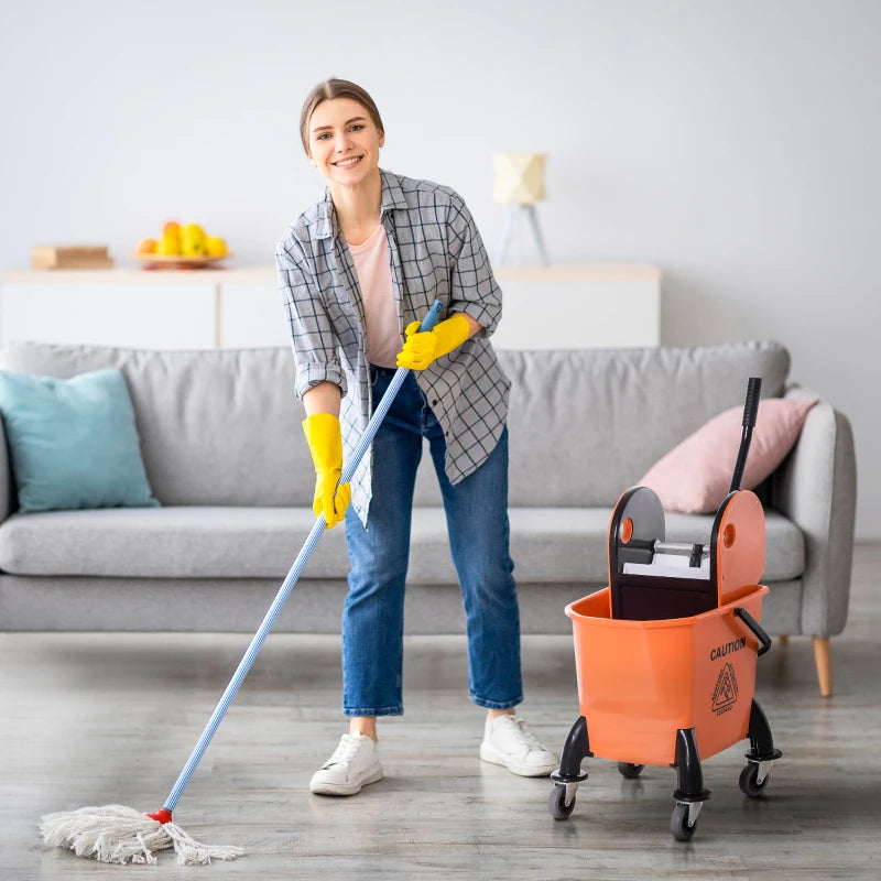 25L Mop Bucket with Wringer, Wheels & Handle - Durable Orange Cleaning Solution for Easy Floor Maintenance