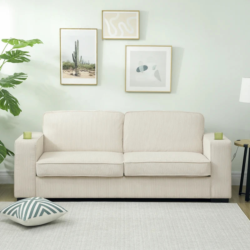 Three-Seater Corduroy Sofa in Cream White for Stylish Living Room Comfort