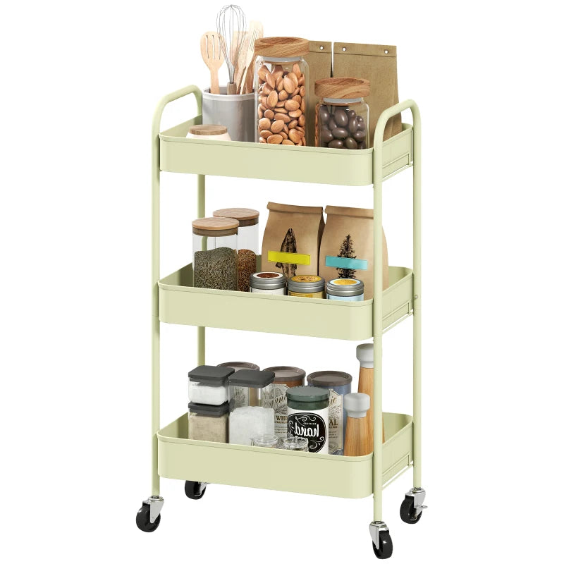Three-Tier Green Steel Storage Trolley - Versatile Organizer Cart for Home, Office, Kitchen & Garage