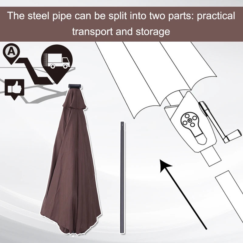 Brown Solar LED Light Tilt Patio Umbrella with Hand Crank - 2.7m