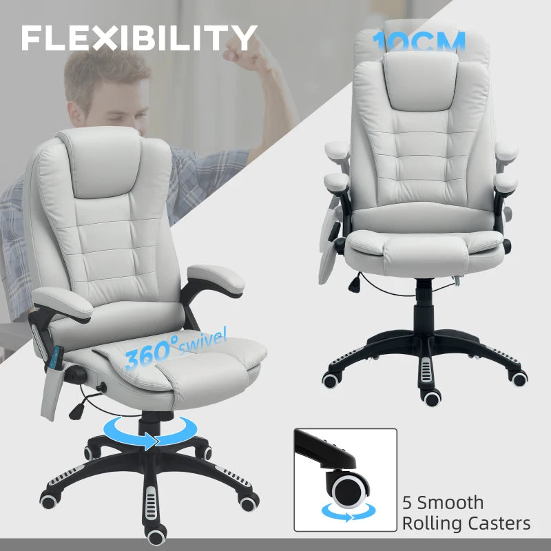 Light Grey 6-Point Massage Office Chair with Heated Seat, PU Leather High Back, Adjustable Height & 360° Swivel for Home Office