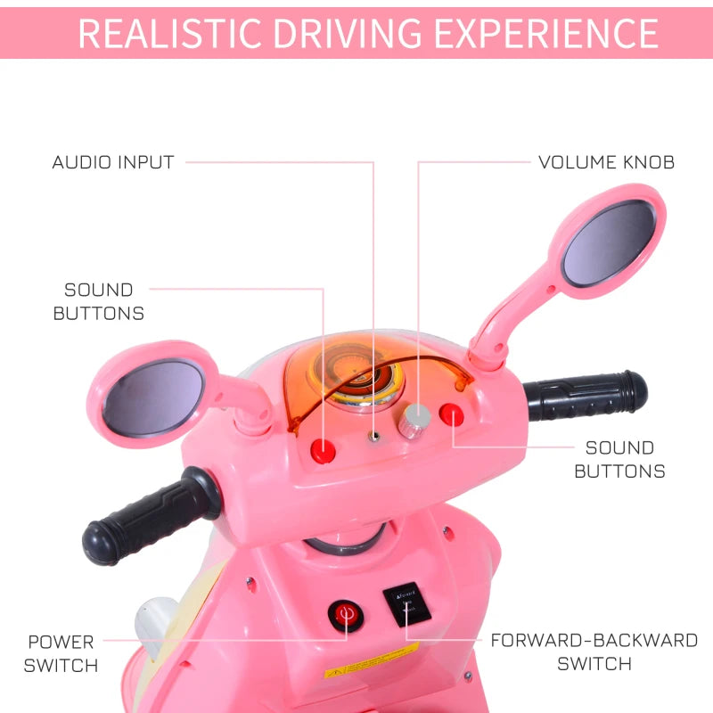 Kids Electric Ride On Toy Car - 6V Motorbike with Rechargeable Battery, Headlight & Music for Ages 3-5 - Pink