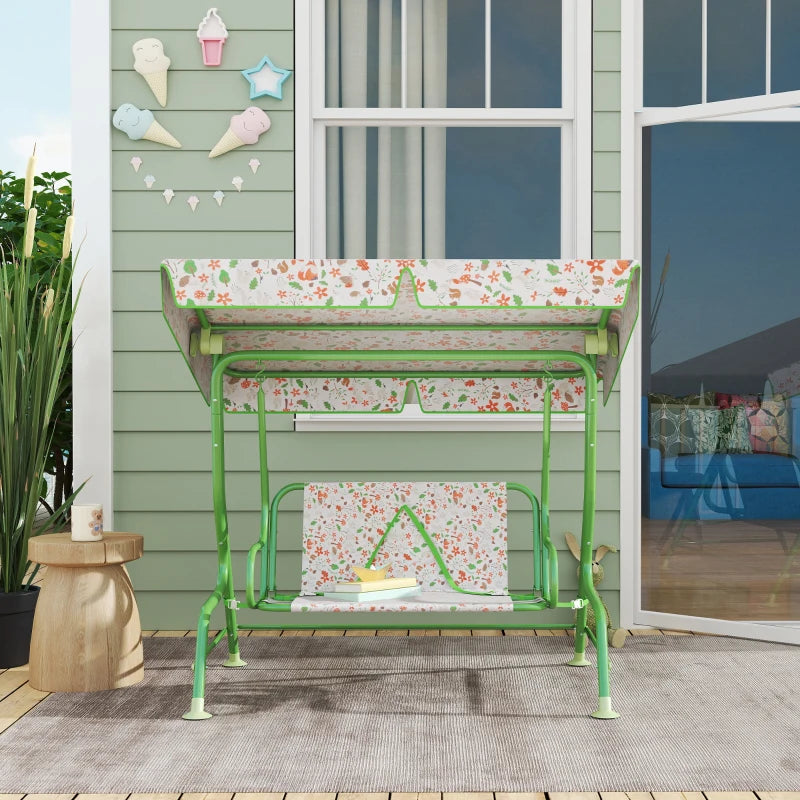 Kids Garden Swing Chair - Green 2 Seater Hammock with Adjustable Canopy & Safety Belt for Patio and Porch