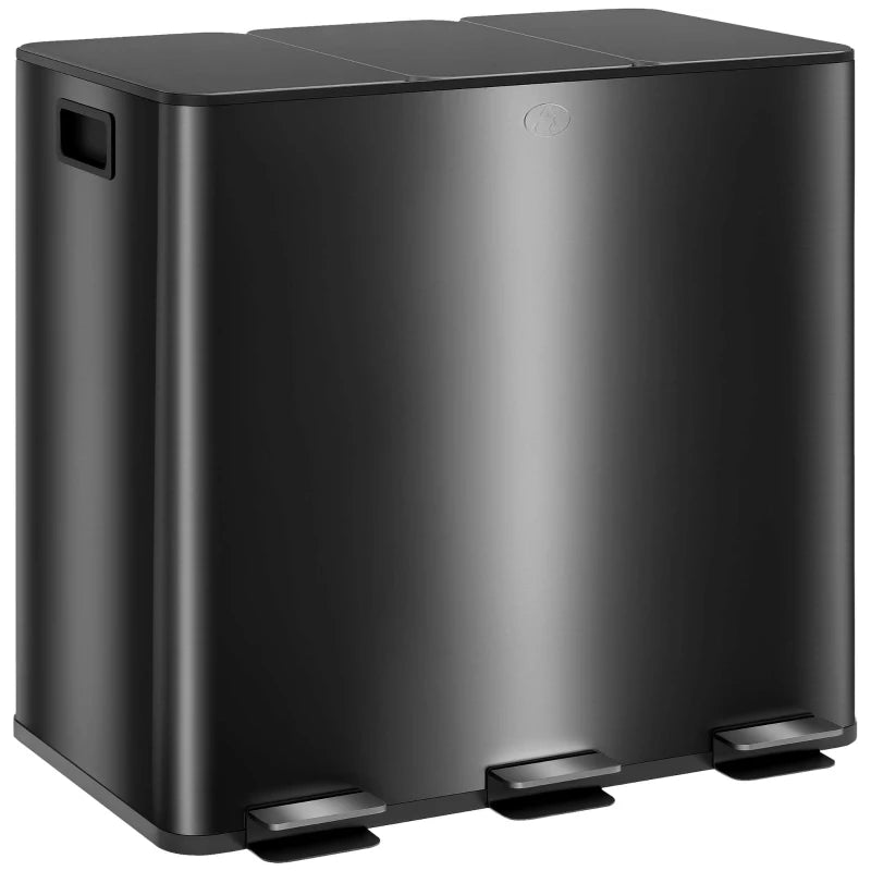 3 x 15L Steel Pedal Bin Set - Triple Kitchen Trash Can with Soft Close Lid, Removable Buckets, Fingerprint-Proof, Black