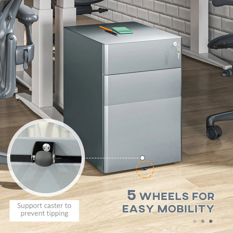 Vinsetto Lockable Rolling Filing Cabinet - 3 Drawer Steel Office Storage Unit for A4, Letter & Legal Files