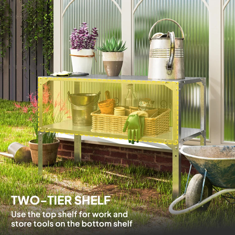 2 Tier Galvanised Steel Potting Bench Table - Silver Tone, 110 x 50 x 75 cm - Outdoor Garden Workstation with Storage Shelf for Patio and Greenhouse