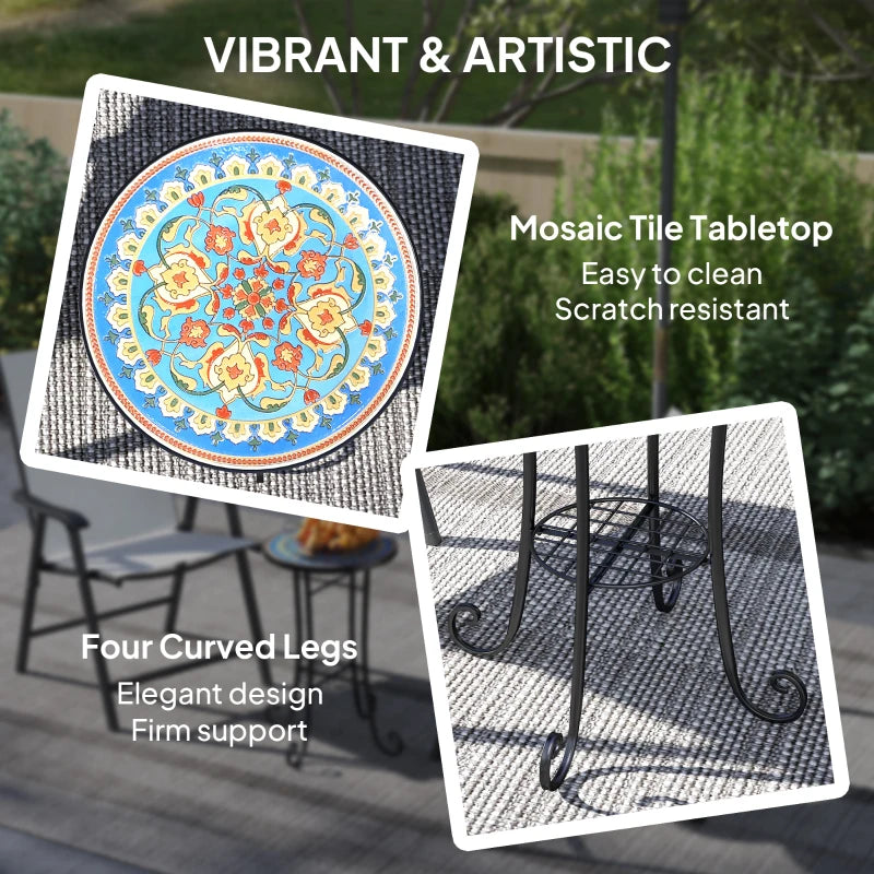 35.5 cm Round Blue Mosaic Garden Table - Ceramic Tile Top Outdoor Bistro Table with Shelf for Patio, Balcony, Indoor Use