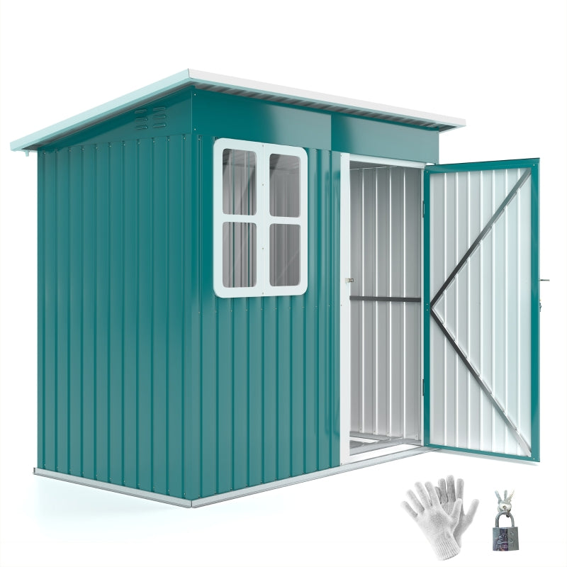 7ft x 4ft Green Galvanised Steel Garden Shed with Lock and Gloves