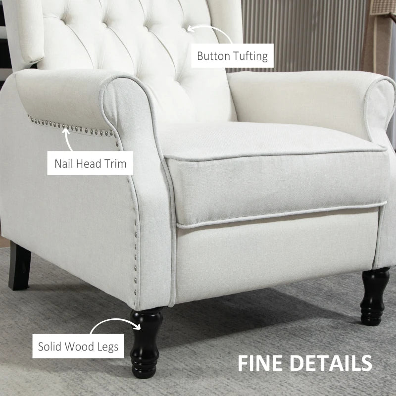 Vintage Wingback Recliner Armchair with Nail Head Trim and Button Tufted Back for Living Room, Cream White