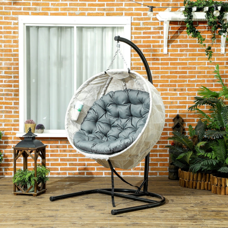 Hanging Egg Chair - Grey Outdoor Indoor Garden Swing Chair with Folding Basket, Stand, Thickened Cushion & Cup Holder - Perfect for Patio & Balcony