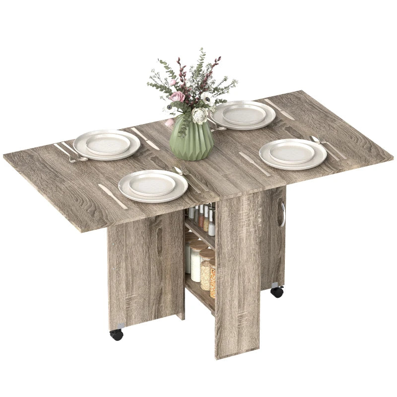 Folding Drop Leaf Dining Table with 2-Tier Shelves & Rolling Casters - Space-Saving Grey Table for Kitchen & Small Spaces