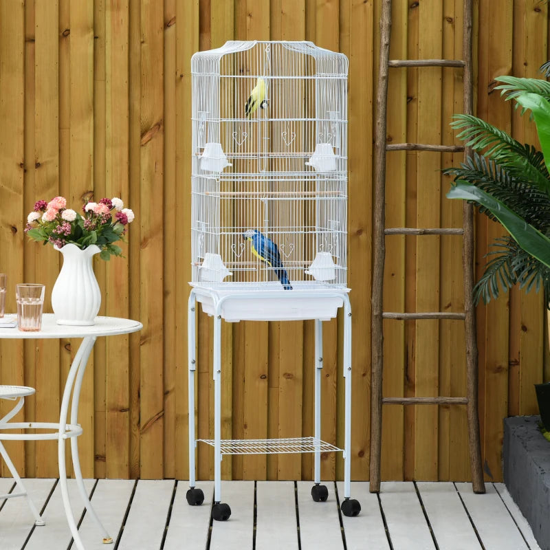 Premium Bird Cage for Budgies, Finches & Parakeets with Stand, Wheels, Slide-out Tray & Storage Shelf - White 46.5x36x157 cm