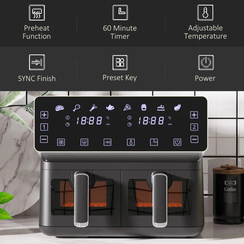 8L Dual Basket Air Fryer - 8-in-1 Digital Oven, 2500W, Timer, Preheat, Oil-Free Cooking, Silver Finish