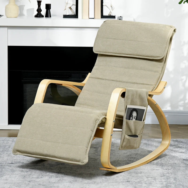 Adjustable Rocking Lounge Chair with Footrest, Side Pocket and Pillow for Ultimate Relaxation in Khaki