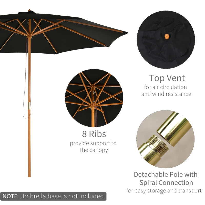 Black 3m Wooden Patio Umbrella with Pulley Mechanism