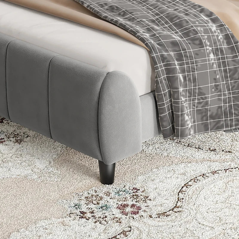 Double Upholstered Bed with Soft Backrest - Vertical Stripe Design, Metal Frame, Gray - 202L x 149W x 103H cm