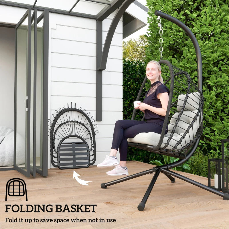 Black Outdoor PE Rattan Swing Chair with Cushion - Foldable Garden Hanging Egg Chair with Metal Stand and Headrest for Indoor and Outdoor Use