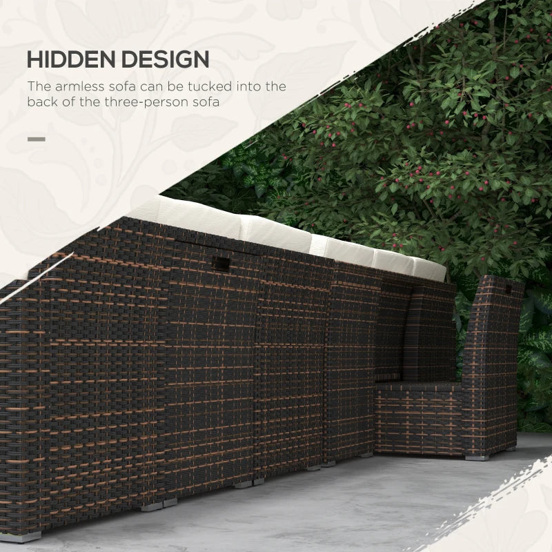 10 Seater Mixed Brown Rattan Corner Sofa - Cream Cushions