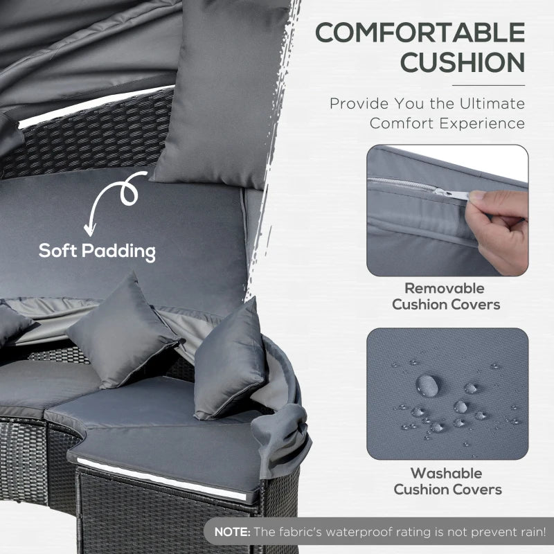 Black Rattan Outdoor Daybed Set with Canopy & Coffee Table