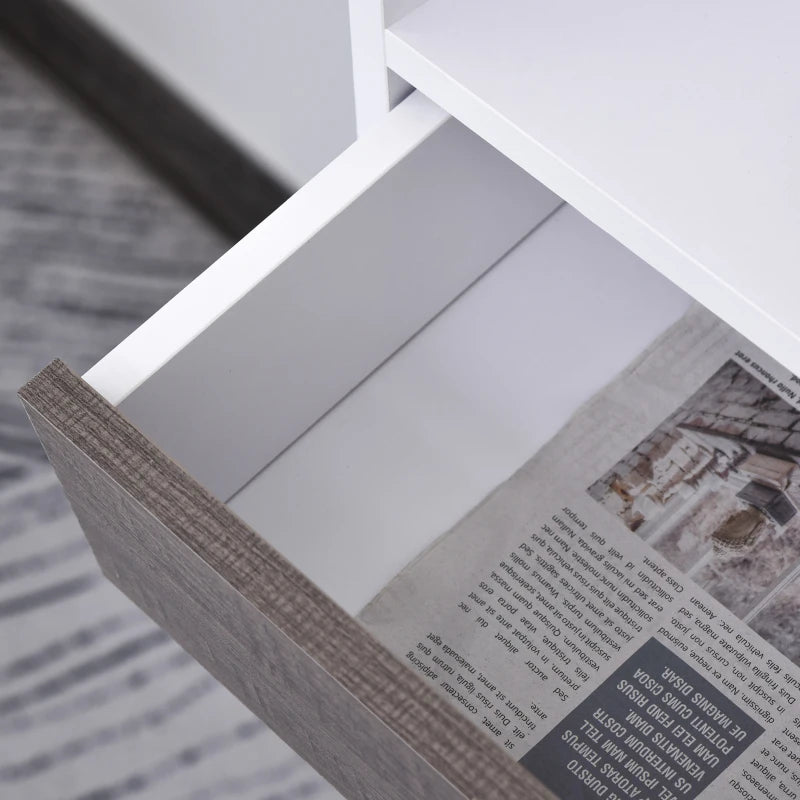 Freestanding Bookcase with Storage Drawer - 6 Shelves, Wood Legs, White & Grey - Home Office Display, 24D x 60W x 86.8H cm