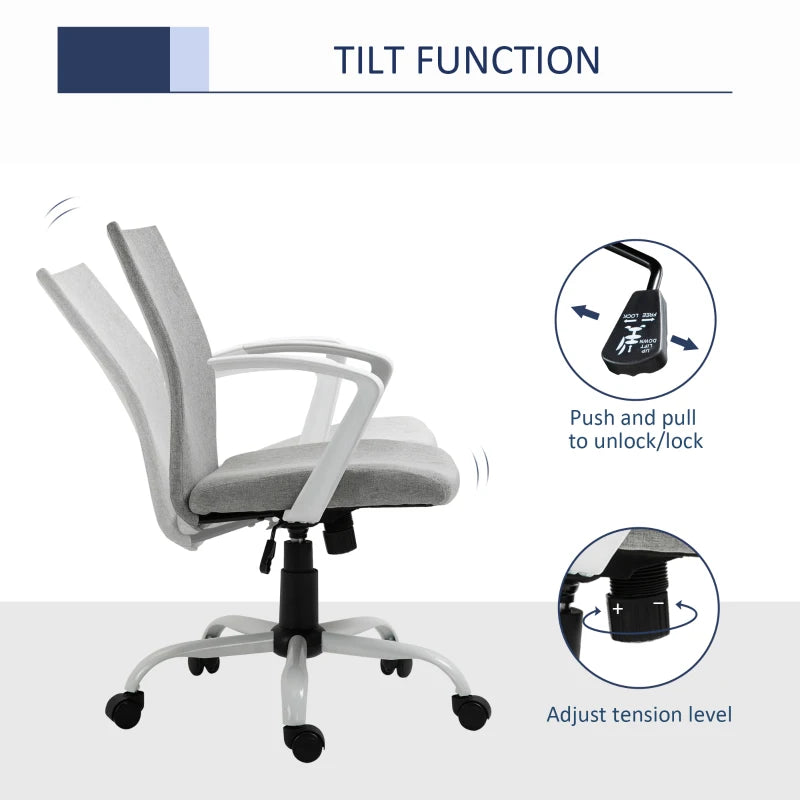 Vinsetto Light Grey Linen Swivel Office Chair - Adjustable Height, Armrests, Wheels, Perfect for Home Study & Computer Desk