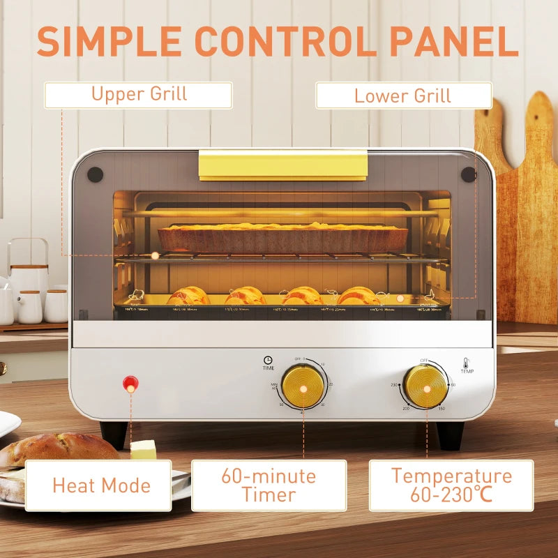 Compact 12L Toaster Oven - Multifunction Mini Countertop Oven with Glass Door, Adjustable Temperature & Timer, Stylish White Design
