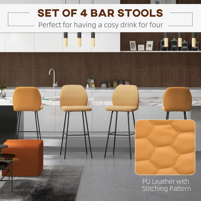 Set of 4 Linen-Touch Upholstered Bar Stools with Backs, Steel Legs - Light Brown Kitchen Chairs for Dining Room