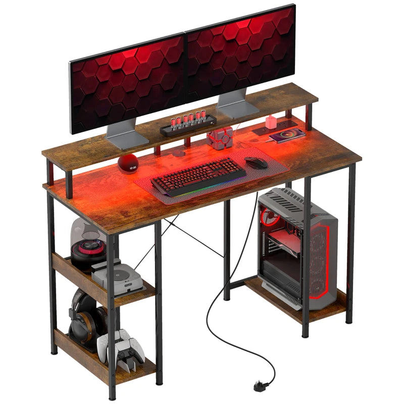 Rustic Brown LED Computer Desk with Power Outlets & Shelves - Modern Home Office Furniture for Productivity